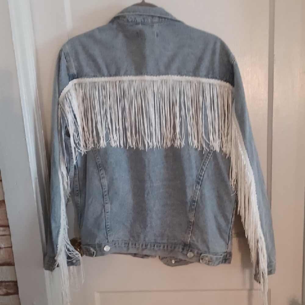 Denim Fringe Jacket Western Boho Fringed Tassel Jean Jacket Women's Large